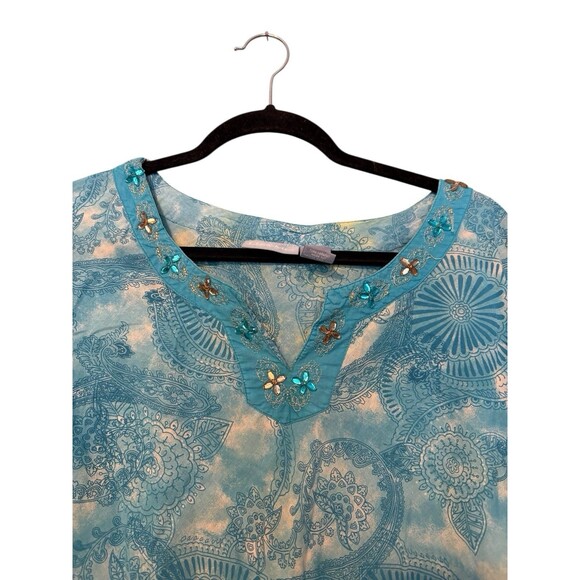 Liz & Me Top Size 1x Blue V Neck Beaded Collar READ - Picture 2 of 6